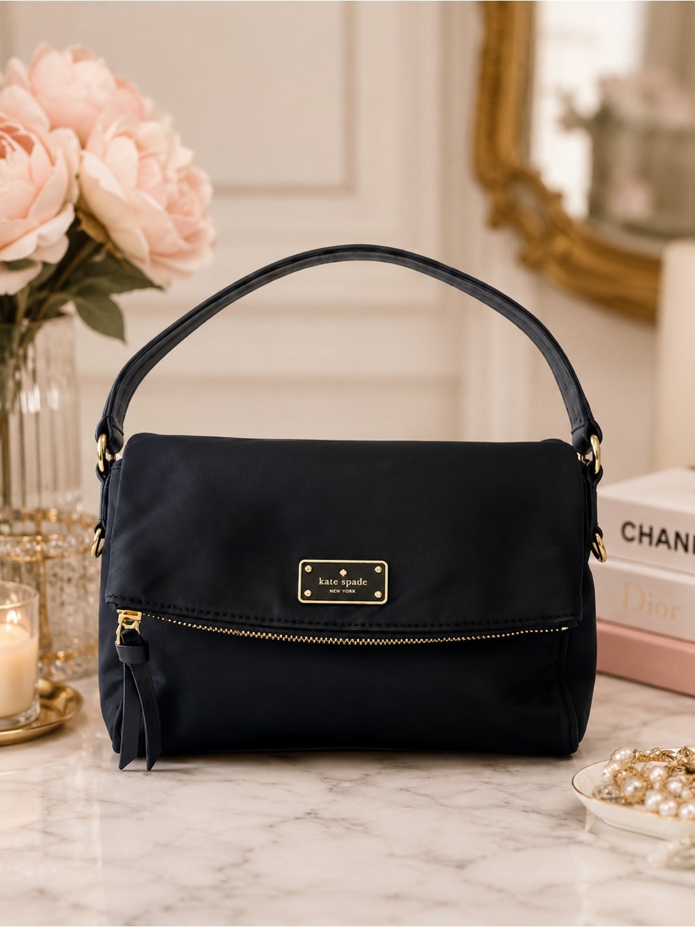 kate spade New York Miri Black Nylon Shoulder Hobo with Gold Hardware